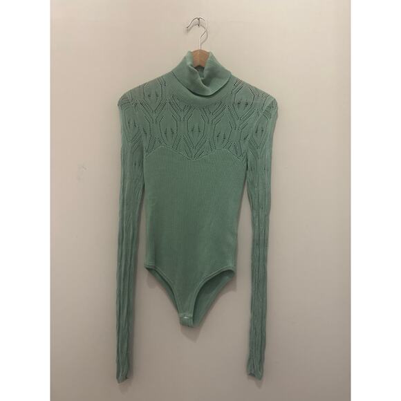 Free People Tops - Free People Pretty in Pointelle Green Bodysuit Small Turtleneck Lace Crochet